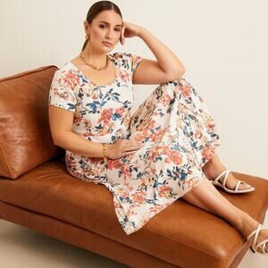 PERUVIAN CONNECTION Pima Cotton Jersey Midi Dress White Floral Sz L $148 {WW12}